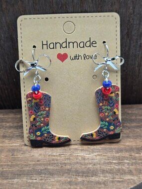 NWT Floral Cowgirl Boots Earrings Cowboy Western Country Girl Wood Dangle Drop
